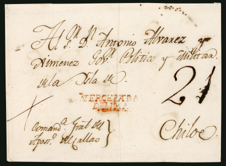 Stamp of Chile » Postal History 1810ca Cover front sent to Chiloé, from Callao, Peru, addressed to Don Antonio Alvarez Jimenez, Political Military