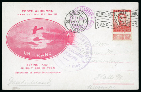 1913 (Aug 24) Pioneer airmail during World Expo: Special 1fr rose-red airmail card with 10c red tied by GAND 24.8.13 EXPO machine cancel