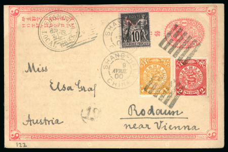 1900 (Apr 8) 1c Picture postal stationery card to Austria uprated with China 1898 1c & 2c tied by "Pa-kua" hs