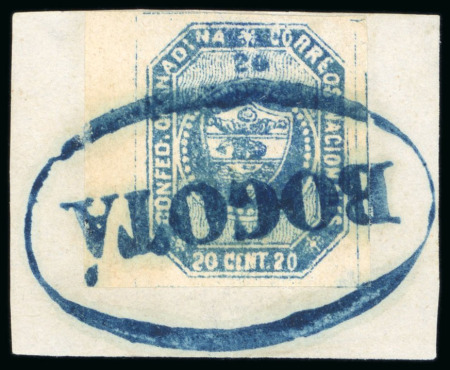 Stamp of Colombia 1859 5c blue, stone A, probably the finest single usage known of this stamp