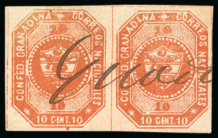 Stamp of Colombia 1859 10c orange-brown, pair used
