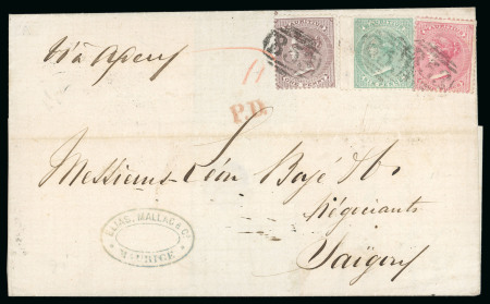 Stamp of Mauritius 1863-72 Crown CC 1d purple brown used with 4d rose and 6d yellow green on folded cover to Saigon