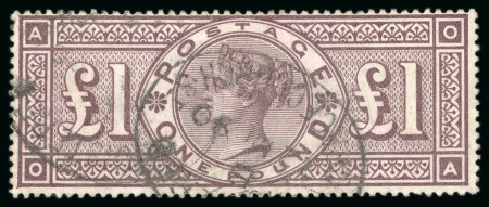 Stamp of Great Britain 1884, £1 brown-lilac OA, wmk Crowns, used with two strikes of a Gracechurch St. registered oval ds