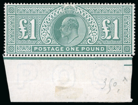 Stamp of Great Britain 1902-10, De La Rue £1 dull blue-green mint o.g. lower marginal