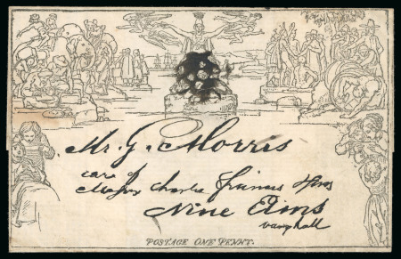Stamp of Great Britain Facsimile: 1840, 1d Mulready wrapper, stereo A50, sent within London