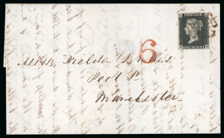 Stamp of Great Britain 1840, 1d black pl.7 HH, with good margins all around, tied to 1840 (Sep 19) entire from Liverpool to Manchester
