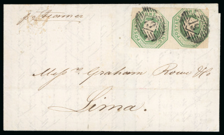 Stamp of Great Britain 1847-54, 1s Embossed pair, cut into at bottom of one and top of other, tied to 1856 (Sep 16) entire from London to Peru