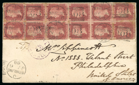 Stamp of Great Britain 1868, Envelope to USA with 1d red pl.98 in block of