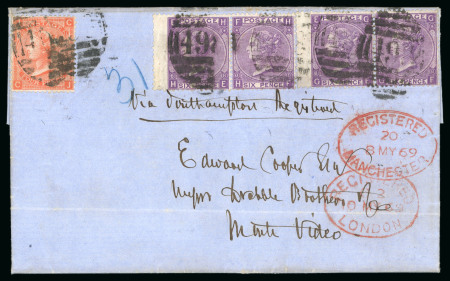 Stamp of Great Britain 1867-80 6d lilac pl.8 (without hyphen) in two wing marginal pairs and 4d vermilion pl.11 tied to 1869 (May 8) entire sent registered from Manchester to Uruguay 