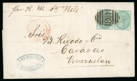 Stamp of Great Britain 1873-80 1s green pl.9 wing marginal pair on 1874 (Aug 1) entire from Manchester to Venezuela