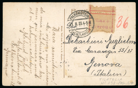 Stamp of Germany » German Empire 1923 (Aug 31) Postcard to Genoa, franked with "Taxe/percue" label with red pencil "36"