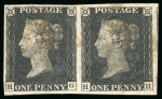 1840, 1d black pl.1b HG-HH used pair, with fine to very large margins