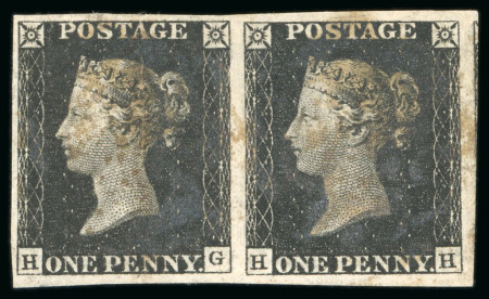 Stamp of Great Britain 1840, 1d black pl.1b HG-HH used pair, with fine to very large margins