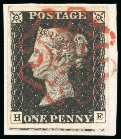 1840, 1d black pl.2 HE used, with fine to very large margins