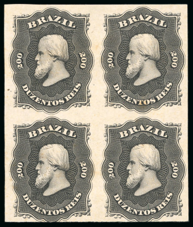 1866, 200r black, plate proofs in block of four