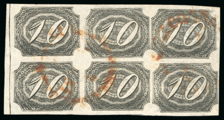 1846, 10r black, intermediate impression, a marginal block of six used