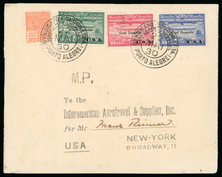 Stamp of Brazil » Airmails 1930 (May 22) Porto Alegre-New York Flight cover with ovptd. three Zeppelin values