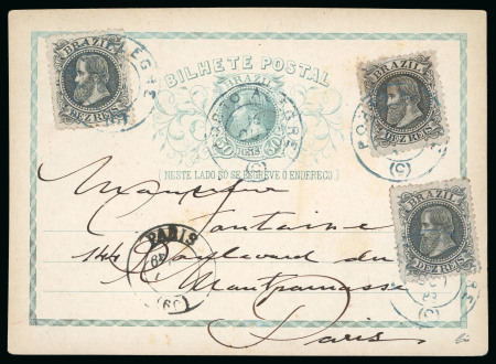 Stamp of Brazil 1882-84, 10r black, three singles used on 50r stationery card to Paris