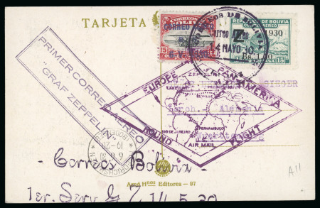 Stamp of Bolivia 1930 Zeppelin Pan-American Flight. 14 May postcard with "Correo Aéreo" 15c red and "Z" 1.50b on 15c green