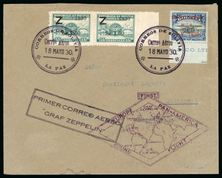 Stamp of Bolivia 1930 Zeppelin Pan-American Flight. "Correo Aéreo" 25c blue with imprint at base, and "Z" 1.50b on 15c pair