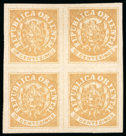 Stamp of Uruguay 1864, 6c red bull's blood, 6c red-brick and 10c ochre in unused blocks of four