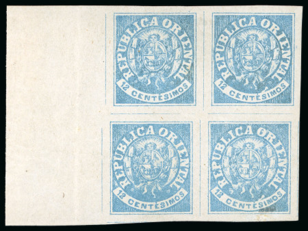 Stamp of Uruguay 1864, 12c slate blue and 12c pale blue, two unused blocks of four