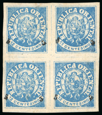 Stamp of Uruguay 1866, 5c on 12c blue and 20c on 6c rose, two well margined mint blocks of four