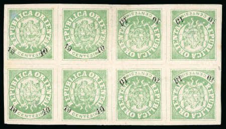 Stamp of Uruguay 1866, 10c on 8c bright green, block of eight containing two tête-bêche pairs