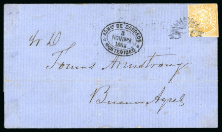 Stamp of Uruguay 1864, 10c ochre, on cover tied by "sunburst over ribbon"