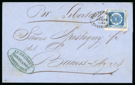 Stamp of Uruguay 1860, "Thick Numerals" 120c blue, and 1864 12c blue, singles on covers