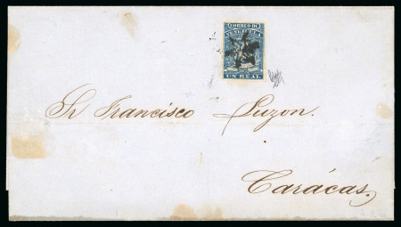 Stamp of Venezuela 1859, 1r blue, fine printing, on cover from Calabozo