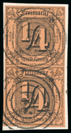 Stamp of German States » Thurn and Taxis 1852-58, 1/4sgr black on dark brown-orange, vertical pair on piece
