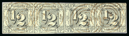 Stamp of German States » Thurn and Taxis 1852-58, 1/2sgr black on olive-grey, strip of four on piece