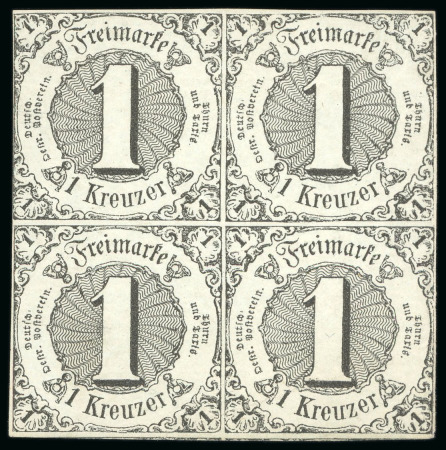 1852-58, 1kr black on olive-grey, a very fresh mint block of four