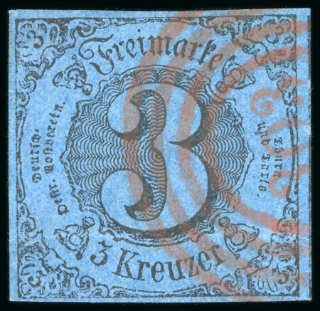 Stamp of German States » Thurn and Taxis 1852-58, 3kr black on dark blue, exceptional margins, used with red cancel