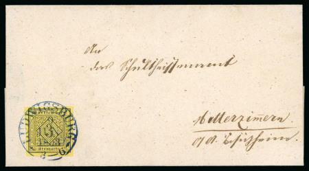 Stamp of German States » Wurttemberg 1851-52, 3kr black on yellow on cover