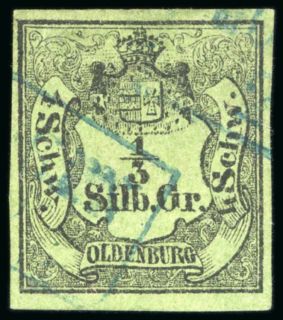 Stamp of German States » Oldenburg 1852, 1/3sgr-4schw black on green-olive,  good margins,