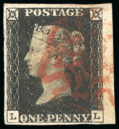 Stamp of Great Britain 1840, 1d black pl.6 LL right marginal, with good to very large margins, neatly cancelled