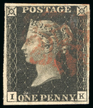 Stamp of Great Britain 1840, 1d black pl.8 IK, with fine to good margins, cancelled by Maltese Cross