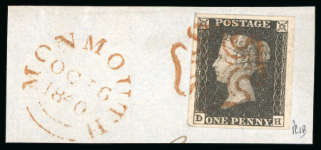 Stamp of Great Britain 1840, 1d grey-black pl.1b DH, with good to very large margins, tied to small piece by crisp Maltese Cross