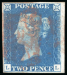 1840, 2d blue pl.1 LL, with fine to large margins, cancelled by Maltese Cross in red