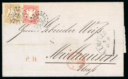 Stamp of German States » Bavaria 1867, 3kr carmine and 9kr ochre, on cover to France
