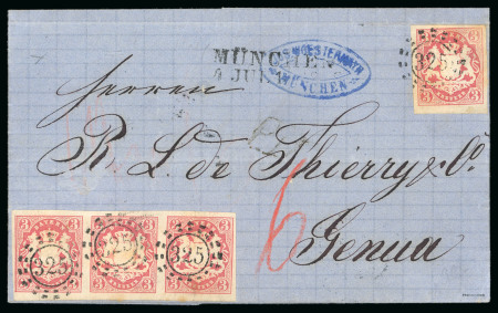 1867, 3kr carmine, single and strip of three, on cover to Italy