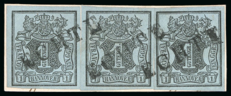 Stamp of German States » Hannover 1850, 1g black on grey-blue, three well margined singles on piece