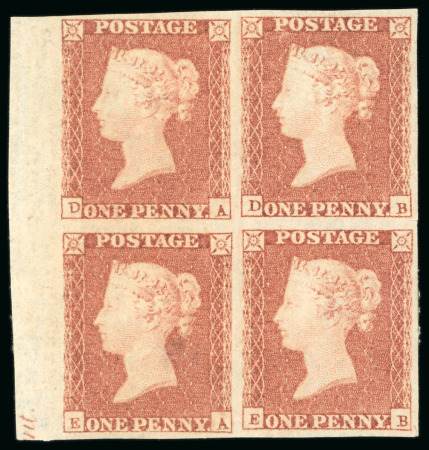 Stamp of Great Britain 1841, 1d red-brown on blued paper, wmk small crown, DA/EB mint o.g. left marginal block of four