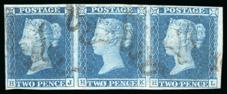 1841, 2d blue pl.3, worn plate, HJ-HL strip of three