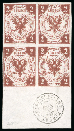 Stamp of German States » Lubeck 1859, 2s reddish brown, a phenomenal block offer from