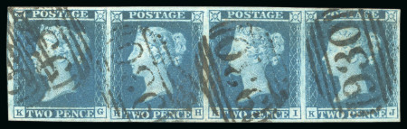 1841, 2d blue pl.3, KG-KJ strip of four with fine to