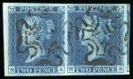 1841, 2d blue pl.3, NA-NB pair with very good to very large margins, neatly cancelled by Maltese crosses in black