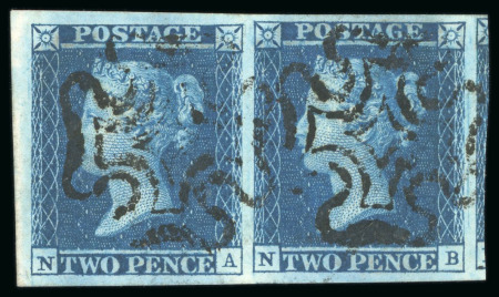 1841, 2d blue pl.3, NA-NB pair with very good to very large margins, neatly cancelled by Maltese crosses in black